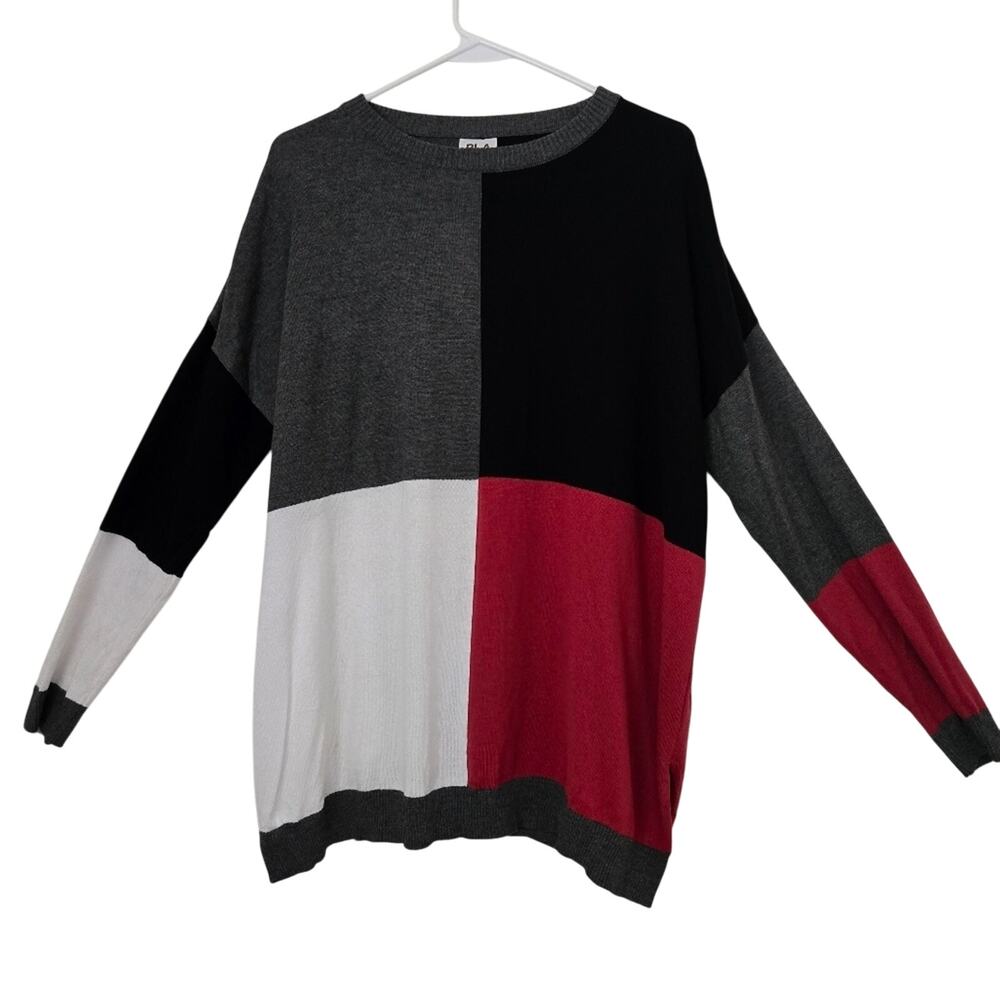 Planet by Lauren G Colorblock Pima Cotton Sweater - Gray Black Red OS - Picture 3 of 11